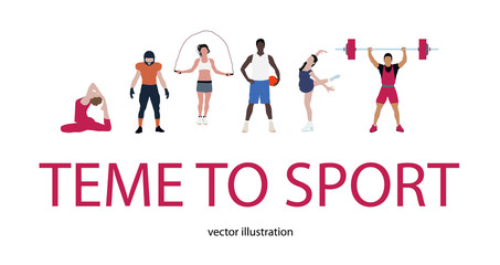 Isolated vector background of male and female athletes performing various sports activities. Gymnast, football player, gymnastic, basketball, figure skating, burbler. Fitness, healthy lifestyle