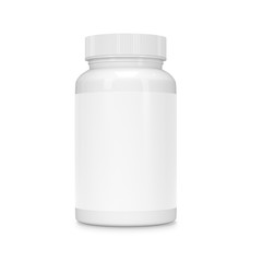 Food supplement package bottle for capsules isolated on white.	