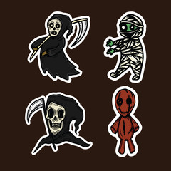 Set of Halloween Character Vectors such as grim reaper, zombie, voodoo doll