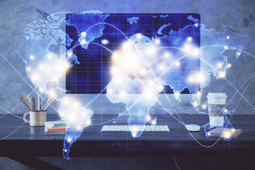 Multi exposure of business theme icons and table with computer background. Concept of success.
