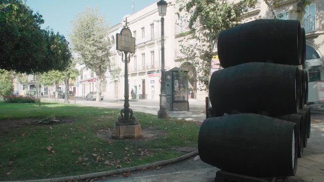 Stacked black barrels in downtown Jerez de la Frontera, Spain