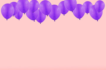 Purple flying balloons on pink background. Creative concept for birthday, celebration with empty place