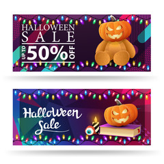 Two horizontal Halloween coupon with Teddy bear with Jack pumpkin head, spell book and pumpkin Jack