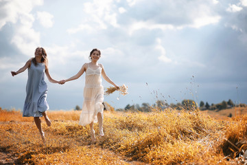 Naklejka na ściany i meble Two girls in dresses in autumn field