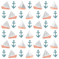 Watercolor illustrated boat and blue anchor sailing pattern set