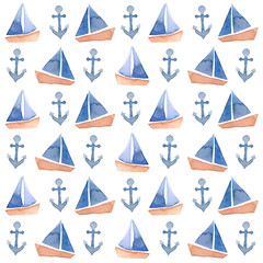 Watercolor illustrated blue boat and anchor sailing nautical summer pattern set