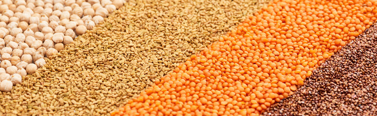 panoramic shot of chickpea, buckwheat and red lentil