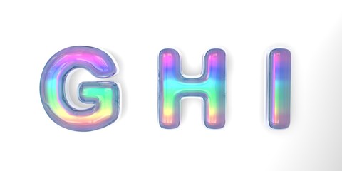 3D text of the letter g, h, i in the style of soap bubbles with a rainbow tint on a white background with shadow.