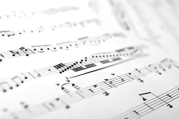 Sheets with musical notes closeup as a background