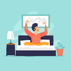 Morning man woke up in bed happy. Flat design vector illustration.