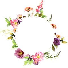 Wedding frame wreath bridal romanric rustic warm bouquet. Hand drawing watercolor pink and purple and orange flowers ornament