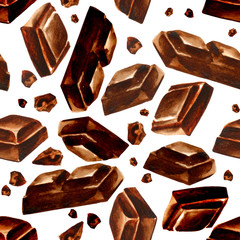 Watercolor illustration of dark chocolate pattern set of bars, blocks and crumbs - 288875607