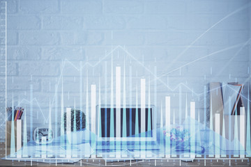 Forex market graph hologram and personal computer on background. Double exposure. Concept of investment.