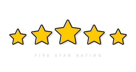 Five yellow rating star vector illustration in white background. 5 star rating customer product review flat icons for apps and websites.