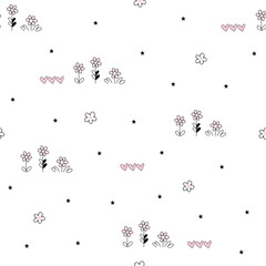 Hand drawn cute fashion seamless pattern background with flowers, heart, star