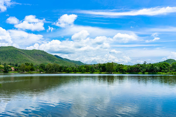Mountain and blue sky landscape with lake.  Travel on holiday concept