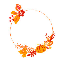 Vector frame autumn bouquet wreath. Orange leaves, berries and pumpkin isolated on white background with place for text. Perfect for seasonal holidays, Thanksgiving Day