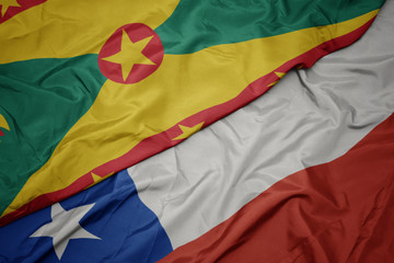 waving colorful flag of chile and national flag of grenada.