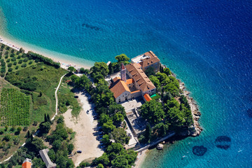 Aerial photo of Dominican monastery in Bol, Brač island, Croatia