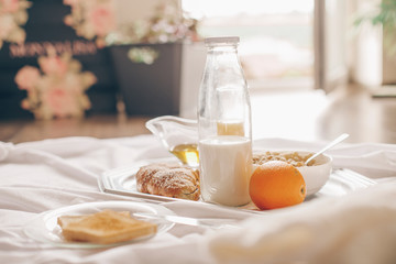 Breakfast. Food. Good morning. Food. Diet. Bed. Room. Hotel room. 