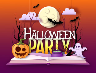 Halloween disco party poster with jack o lantern pumpkin and full moon. Halloween background