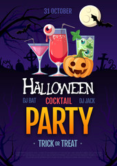 Halloween discococktail party poster with jack o lantern pumpkin and full moon. Halloween background