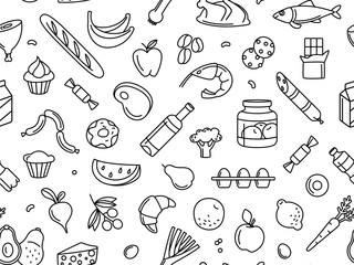 Seamless pattern supermarket grosery store food, drinks, vegetables, fruits, fish, meat, dairy, sweets