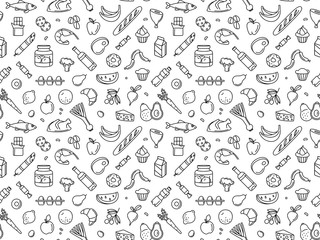 Seamless pattern supermarket grosery store food, drinks, vegetables, fruits, fish, meat, dairy, sweets