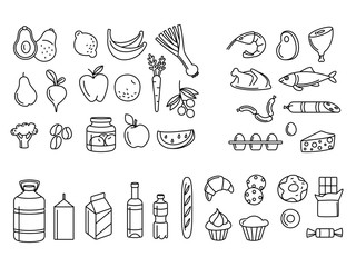 Linear icons supermarket grosery store food, drinks, vegetables, fruits, fish, meat, dairy, sweets