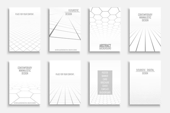 Collection Of Vector Business Abstract Futuristic Backgrounds. Digital Technology Design With Perspective. Infinity White Copy Spaces.