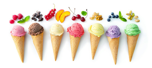 Various varieties of ice cream in cones isolated on white background