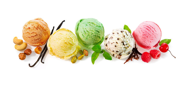Various ice cream balls isolated on white background