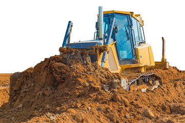 Crawler bulldozer - excavator with clipping path isolated on white background. work on construction site or sand pit