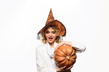 Trick or treat. Halloween Party girl. Happy Halloween Witch with Pumpkin. Happy Halloween Weekends....