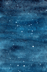 Watercolor dark blue background. Indigo night sky with stars. Hand drawn high resolution texture for posters, postcards, prints, invitations and other design.