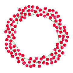 Watercolor Merry Christmas wreath with red holly berries. Hand drawn door decoration isolated on white. Round frame template for greeting cards, holiday design.