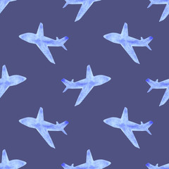 watercolor silhouettes of airplanes seamless pattern. transport, travel, flights.