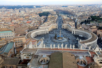 Classic Rome - aerial view to old roof buildings and street, View of St. Peter's Square in Vatican and Rome street