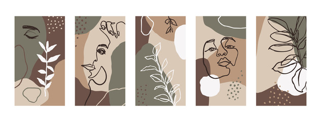 Legen Sie Hintergründe mit Frauenporträts und Flora-Elementen fest. Abstrakte Handy-Hintergründe in minimalistischen Trendstilvorlagen für Social-Media-Geschichten. Vektor-Illustration in Pastellfarben Pink, Grün, Beige © Sini4ka