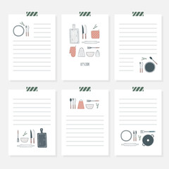 Recipe cards. Cooking card template set. Hand drawn culinary notes with doodle kitchen utensils. Vector illustration, isolated - 288887417