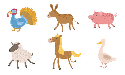Cute Farm Animals Set, Turkey, Sheep, Donkey, Pig, Horse, Goose Vector Illustration