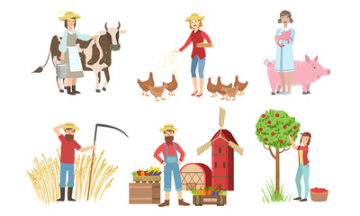 People Working on Farm and Garden Set, Male and Female Farmers Characters Harvesting, Feeding Animals, Selling Vegetables on Farm Market Vector Illustration