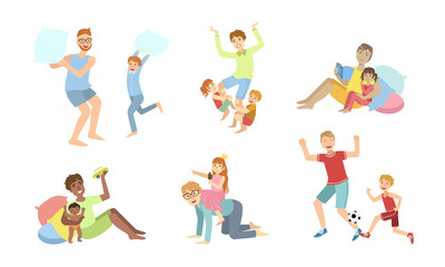 Fototapeta na wymiar Fathers and Their Kids Having Good Time Together Set, Dads Playing, Doing Sports, Having Fun with Their Children Vector Illustration