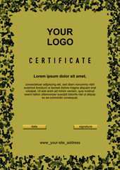 Certificate, diploma, card template with green/khaki camouflage frame - 288888074