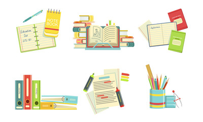 School Supplies Set, Copybook, Textbooks, Folders, Markers, Back to School Concept Vector Illustration