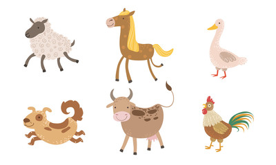 Cute Farm Animals Set, Sheep, Goose, Horse, Dog, Cow, Rooster Vector Illustration