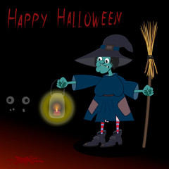 Fototapeta na wymiar a witch with a hat and a broom carries a lantern in her hand and illuminates her path in the dark and sees blood on the floor. And in the dark two eyes shine. Halloween illustration.