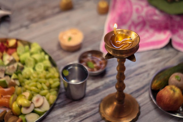 Hindu Puja Traditional Rituals, Cultures. Diya oil lamp lit during durga puja or diwali. Background...