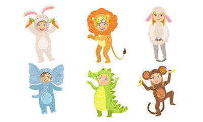 Cute Happy Kids Dressed Animal Costumes Set, Elephant, Crocodile, Monkey, Rabbit, Bunny, Lion, Sheep Vector Illustration
