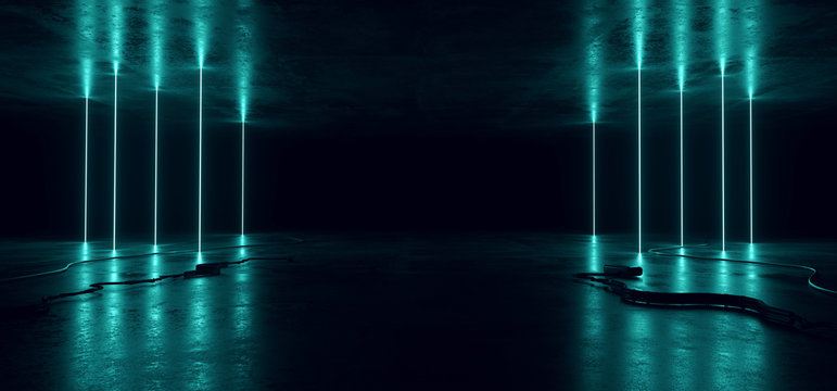 Sci Fi Neon Glowing Lights Blue Vertical Pylon Lines Cables Plugs Floor Lasers Studio Stage Show Night Retro Futuristic Modern Background Empty Concrete Grunge Virtual Dark 3D Rendering © IM_VISUALS